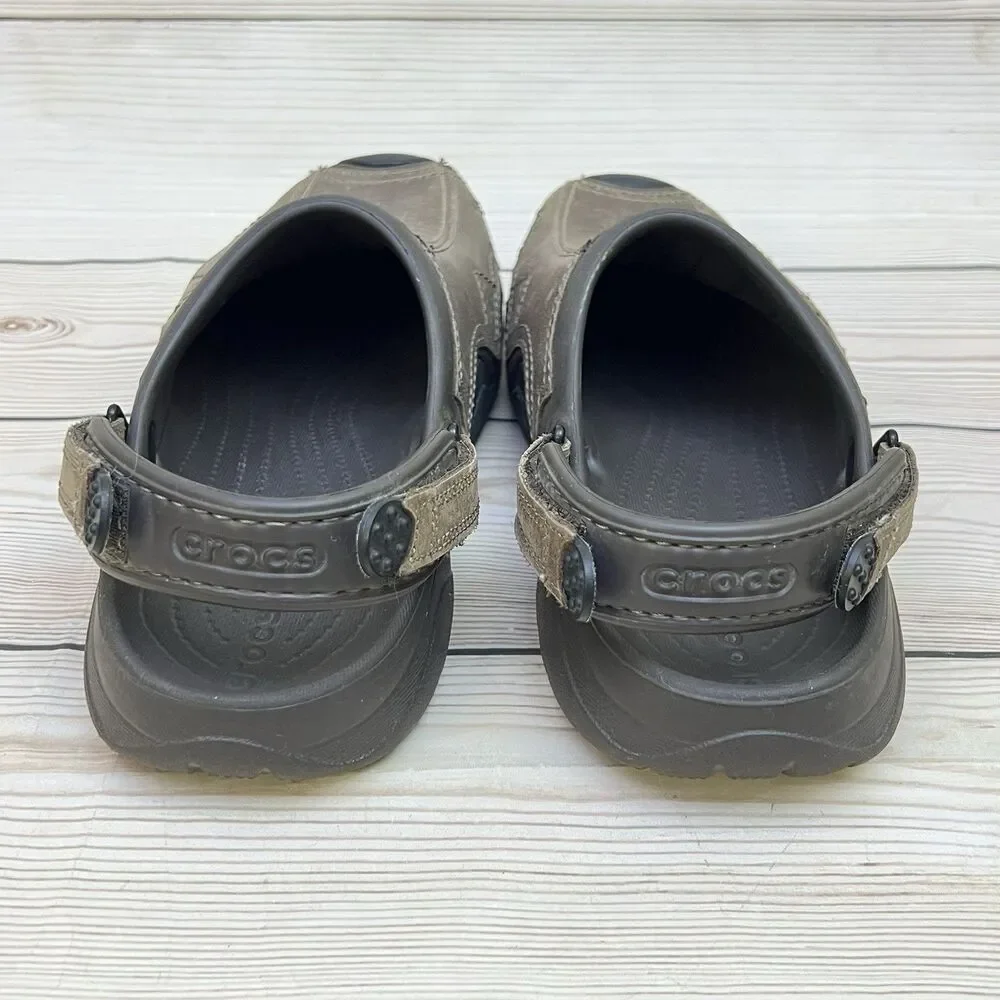 CROCS Swiftwater Sandals Mens 9 Brown Leather Slip-On Clogs Adjustable Strap